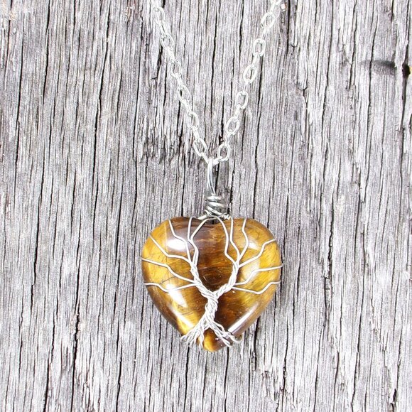 Tree of life heart pendant necklace with brown tiger eye heart stone - Picture 3 of 8